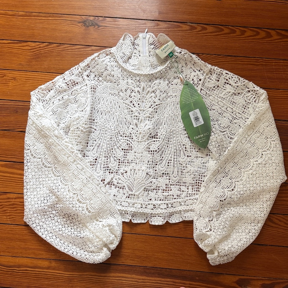 FARM Rio Ivory Crochet Lace High-Neck Blouse